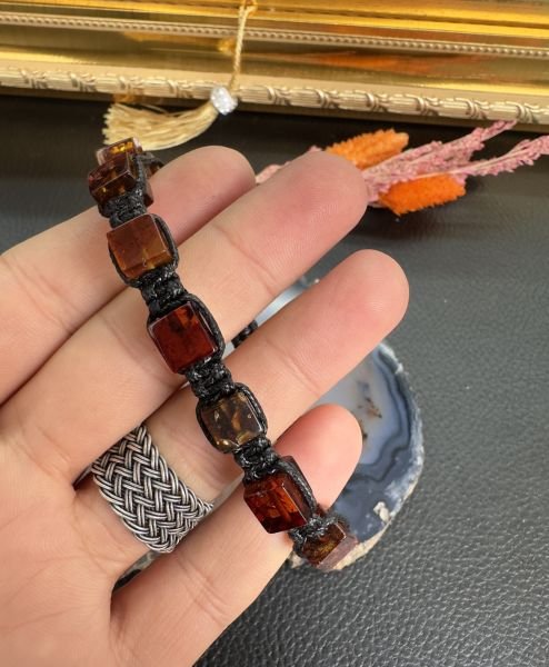 Rolex Küp Model Makrome Örgü Damla Kehribar Yetişkin Bileklik