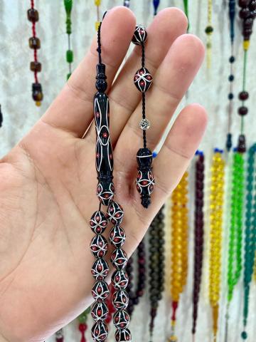 Beyzi Model Mercan ve Gümüş İşlemeli Özel Usta İşçilikli Erzurum Oltu Tesbih