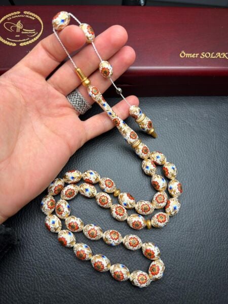 24 Ayar Has Altın İşleme Tezhipli Fildişi Tesbih