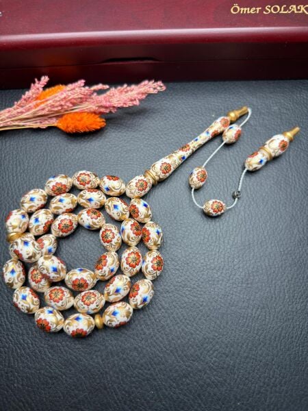 24 Ayar Has Altın İşleme Tezhipli Fildişi Tesbih