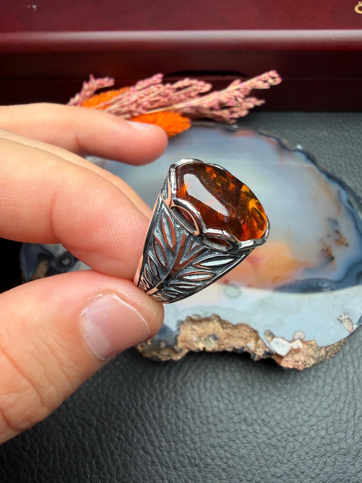 Damla Kehribar Gümüş Yüzük