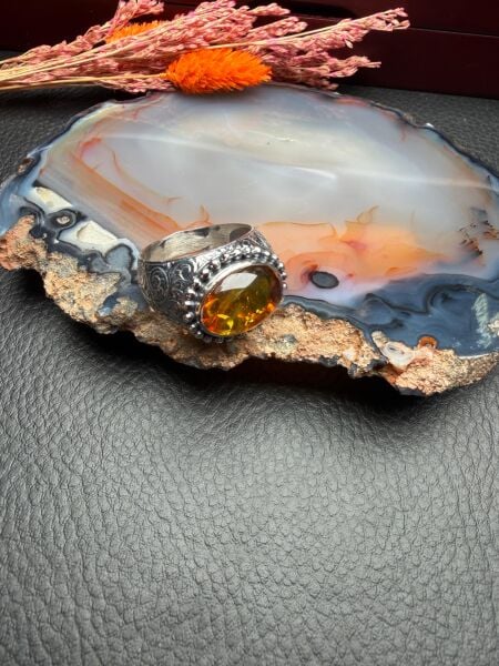 Damla Kehribar Gümüş Yüzük