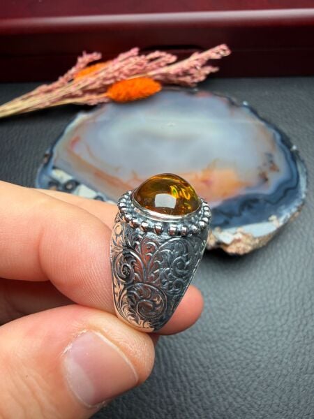 Damla Kehribar Gümüş Yüzük