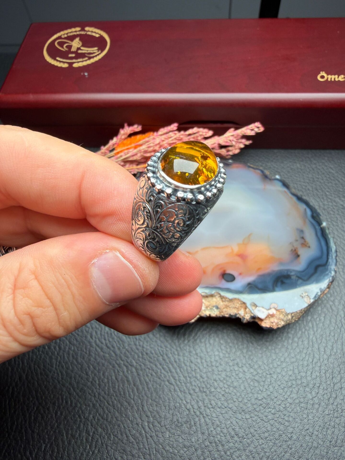 Damla Kehribar Gümüş Yüzük