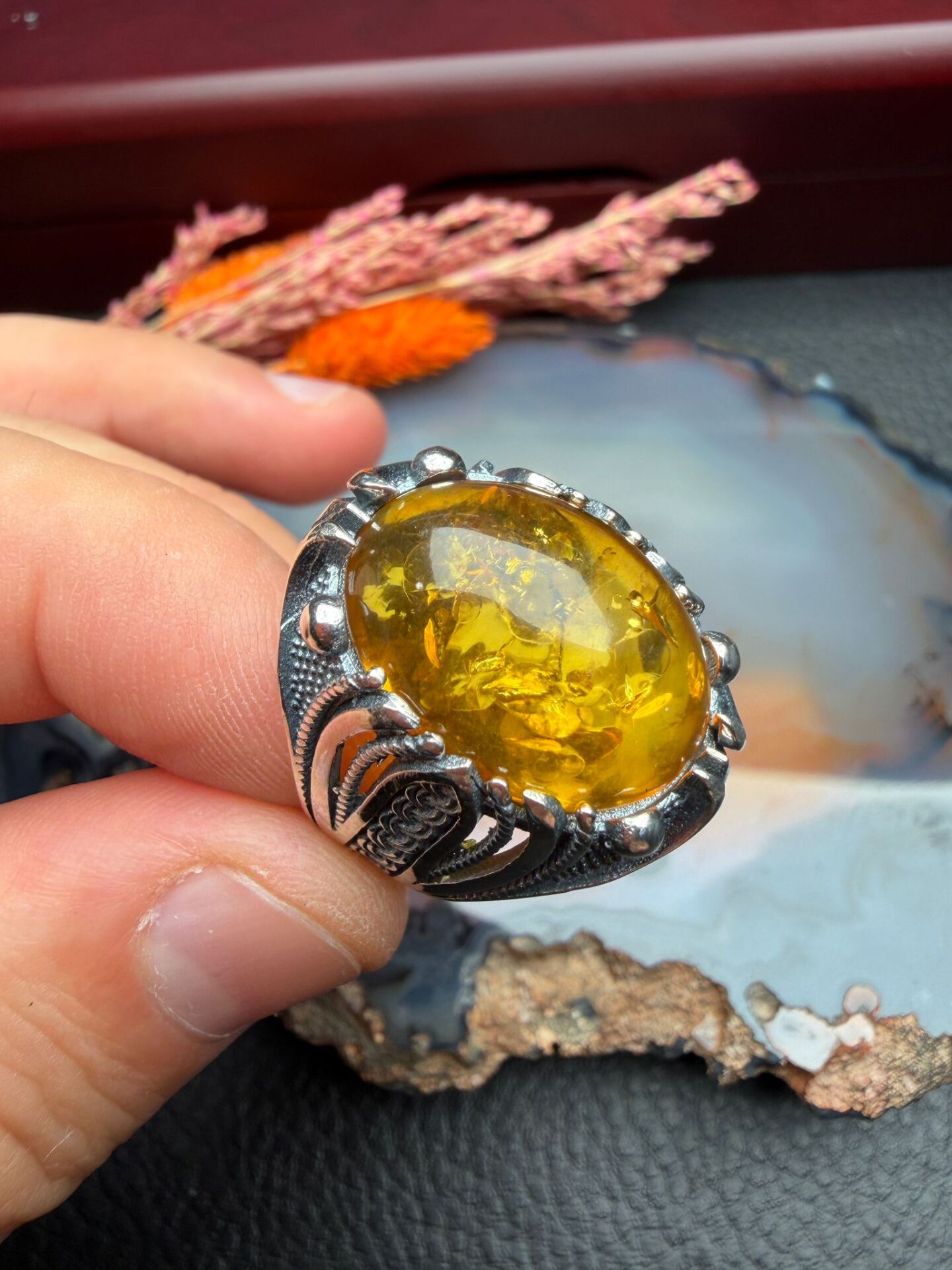 Damla Kehribar Gümüş Yüzük