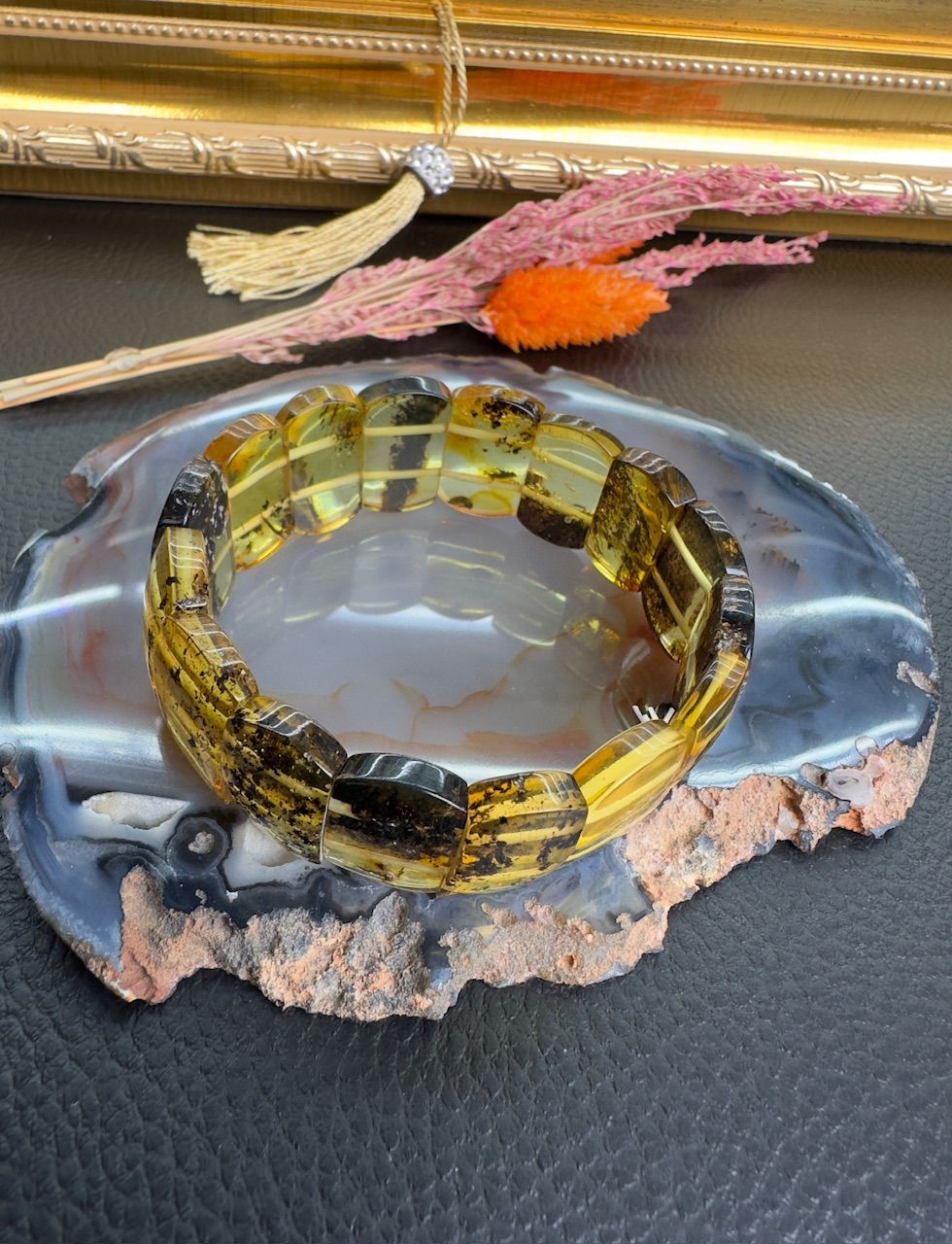 Rolex Model Fosilli Damla Kehribar Bileklik