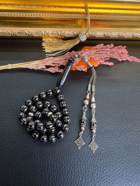 Küre Model Gümüş İşlemeli Siyah Kuka Tesbih