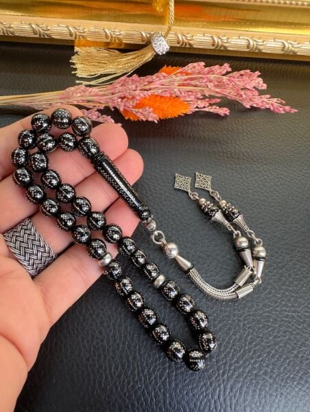 Küre Model Gümüş İşlemeli Siyah Kuka Tesbih