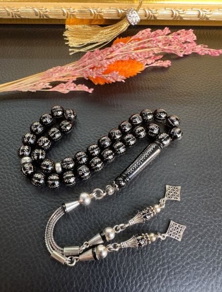 Küre Model Gümüş İşlemeli Siyah Kuka Tesbih