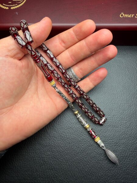 Kesme Model Gümüş İşlemeli  Ateş Kehribar Tesbih