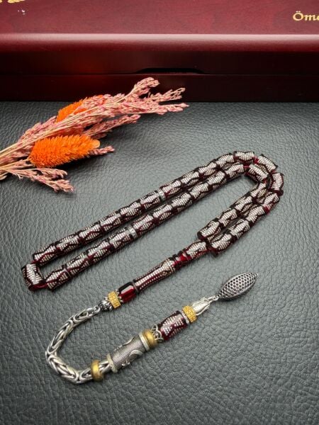 Kesme Model Gümüş İşlemeli  Ateş Kehribar Tesbih