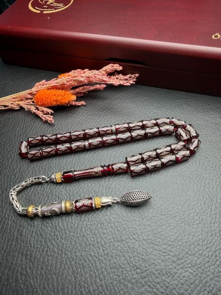 Kesme Model Gümüş İşlemeli  Ateş Kehribar Tesbih