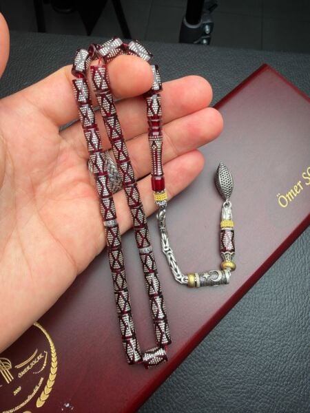 Kesme Model Gümüş İşlemeli  Ateş Kehribar Tesbih