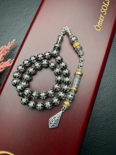 Küre Model Gümüş İşlemeli  Ateşi Sıkma  Kehribar Tesbih