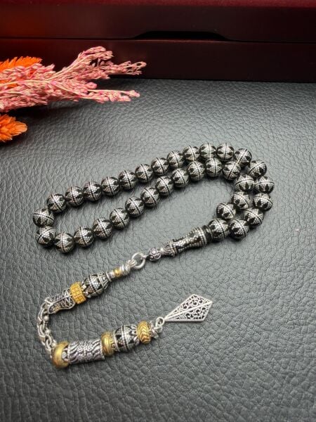 Küre Model Gümüş İşlemeli  Ateşi Sıkma  Kehribar Tesbih