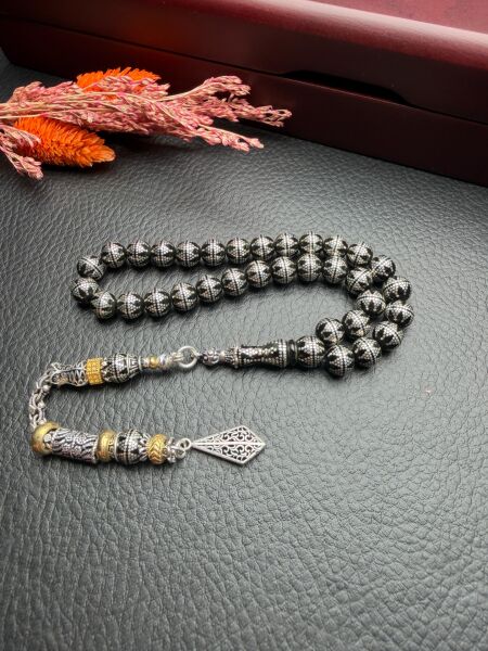 Küre Model Gümüş İşlemeli  Ateşi Sıkma  Kehribar Tesbih