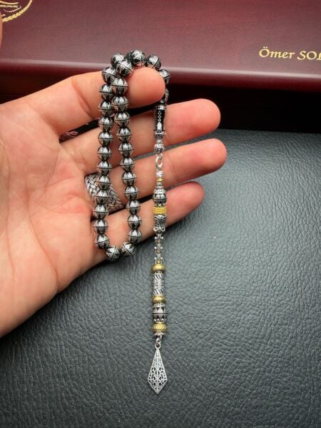 Küre Model Gümüş İşlemeli  Ateşi Sıkma  Kehribar Tesbih