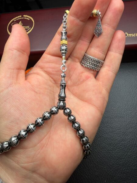 Küre Model Gümüş İşlemeli  Ateşi Sıkma  Kehribar Tesbih