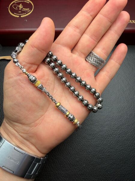 Küre Model Gümüş İşlemeli  Ateşi Sıkma  Kehribar Tesbih