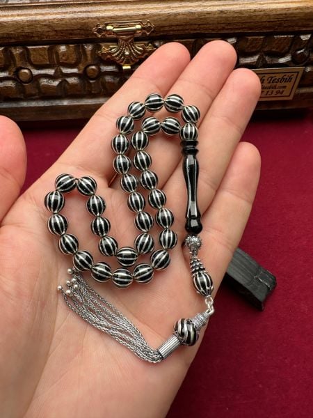 Küre Model 12'li Gümüş Yarma İşleme Erzurum Oltu Taşı Tesbih