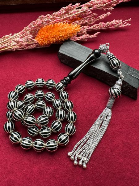 Küre Model 12'li Gümüş Yarma İşleme Erzurum Oltu Taşı Tesbih