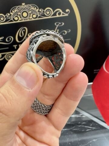 Özel İşçilikli Doğal Bronzit Taşı Gümüş Erkek Yüzük