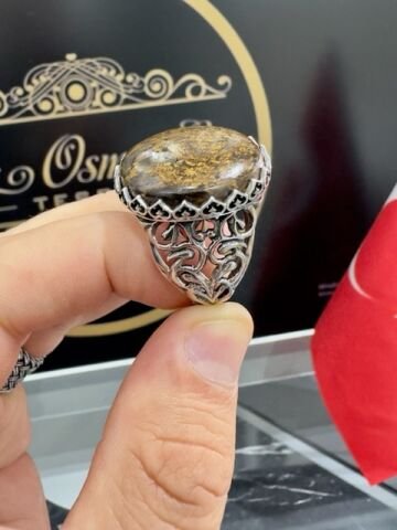 Özel İşçilikli Doğal Bronzit Taşı Gümüş Erkek Yüzük