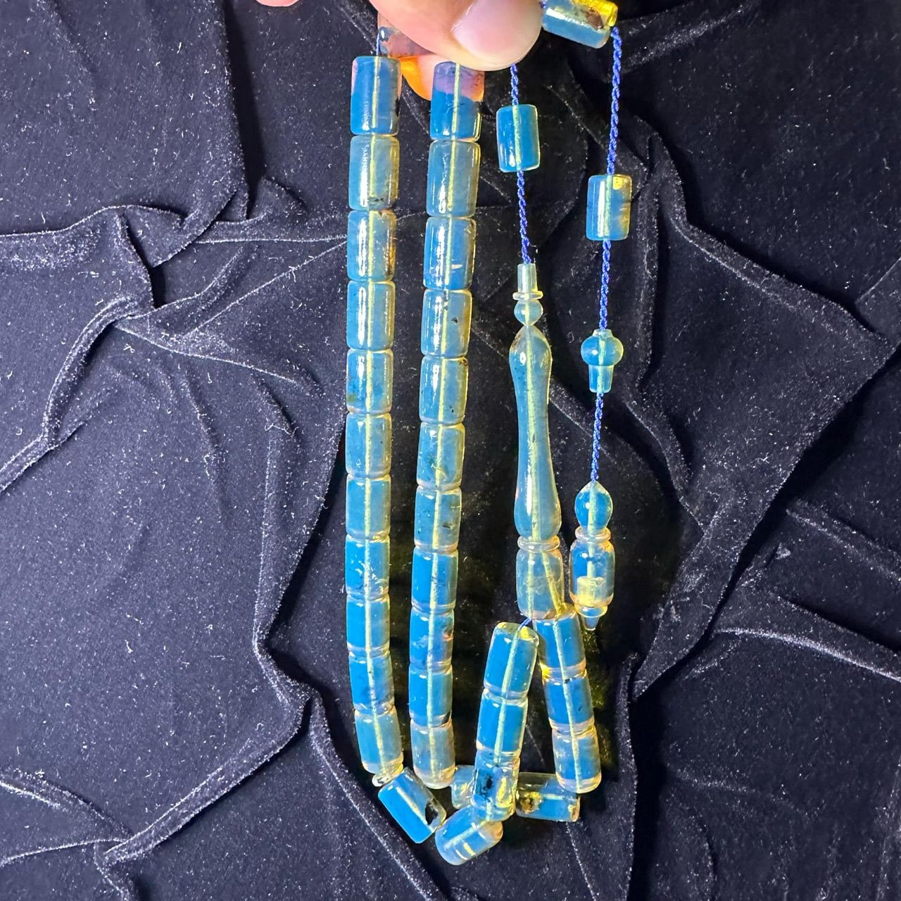 Mavi Renk Yansımalı Dominik Damla Kehribar Tesbih