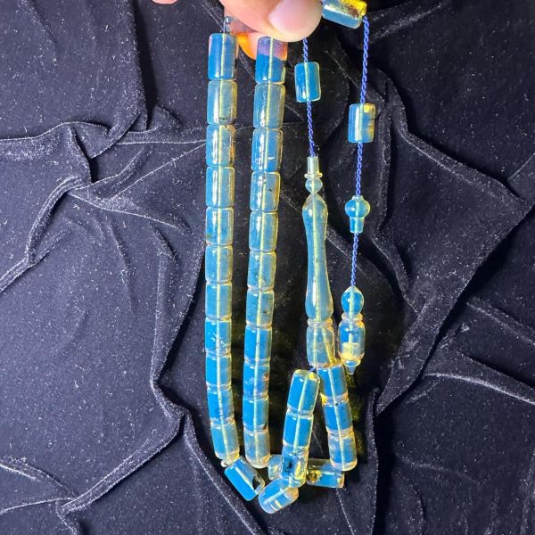 Mavi Renk Yansımalı Dominik Damla Kehribar Tesbih