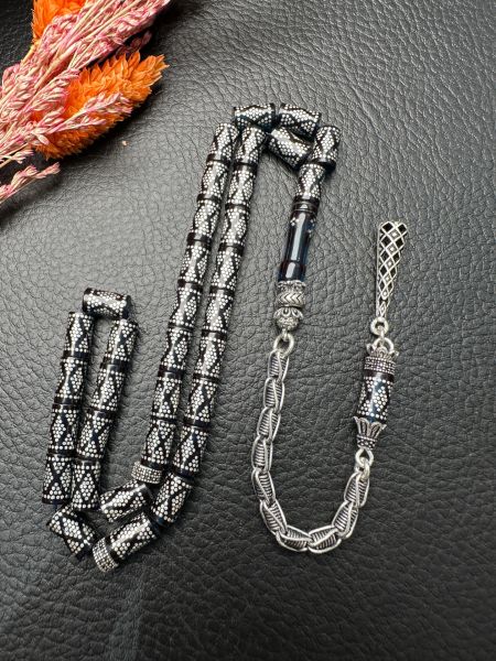 Kesme Model Gümüş İşlemeli Ateş Kehribar Tesbih