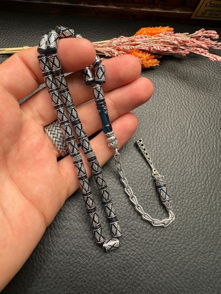 Kesme Model Gümüş İşlemeli Ateş Kehribar Tesbih