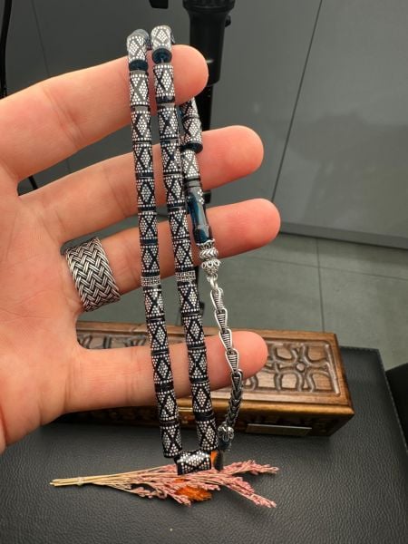 Kesme Model Gümüş İşlemeli Ateş Kehribar Tesbih