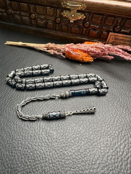 Kesme Model Gümüş İşlemeli Ateş Kehribar Tesbih