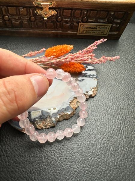 Küre Model Pembe Kuvars Doğal Taş Bileklik