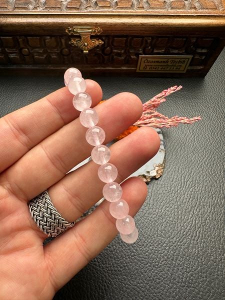 Küre Model Pembe Kuvars Doğal Taş Bileklik