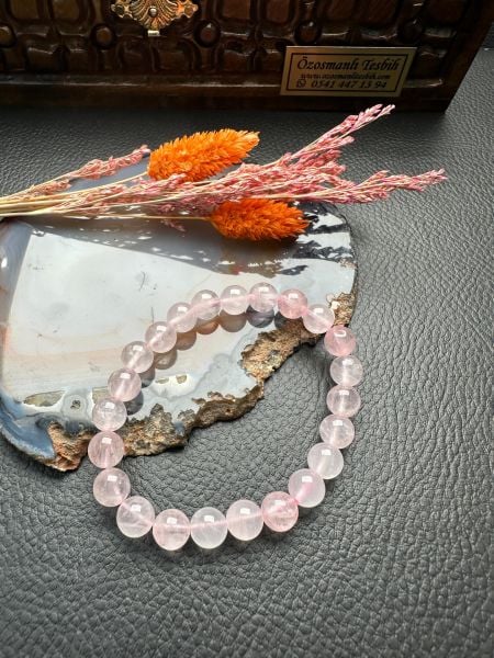 Küre Model Pembe Kuvars Doğal Taş Bileklik