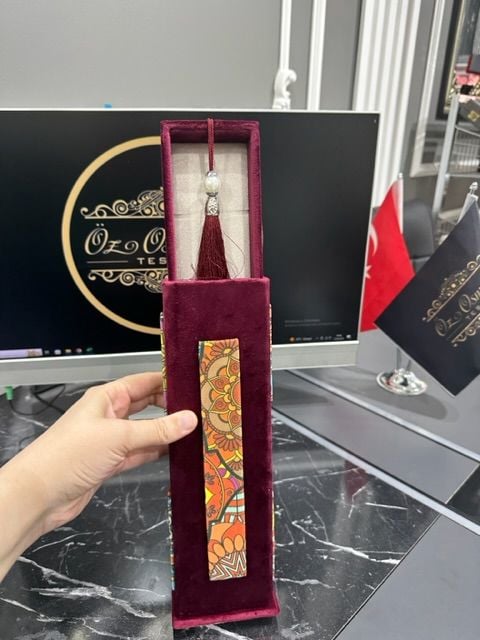 Kadife Motif İşlemeli Bordo Renk Tesbih Kutusu