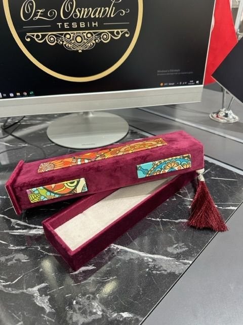 Kadife Motif İşlemeli Bordo Renk Tesbih Kutusu