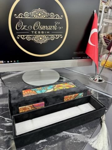 Kadife Motif İşlemeli Siyah Renk Tesbih Kutusu