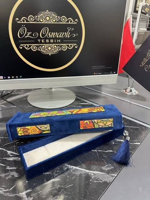 Kadife Motif İşlemeli Lacivert Renk Tesbih Kutusu