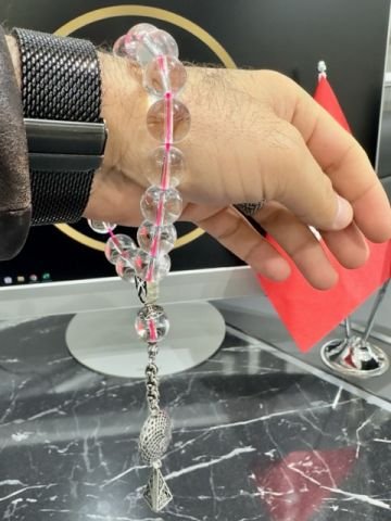 Küre Model Kuvars Taşı Pembe İp Geçişli Doğal Taş Tesbih