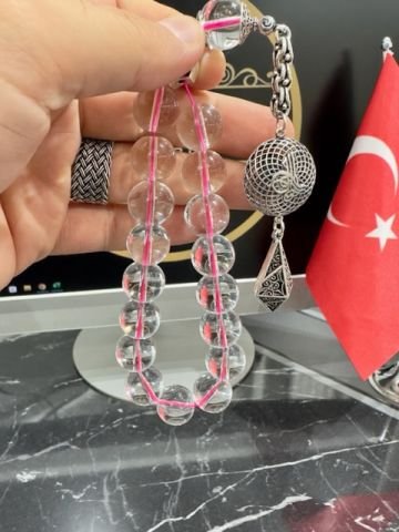 Küre Model Kuvars Taşı Pembe İp Geçişli Doğal Taş Tesbih
