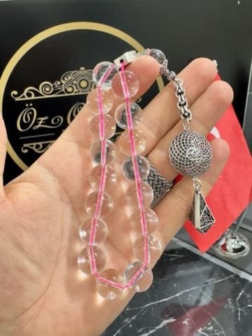 Küre Model Kuvars Taşı Pembe İp Geçişli Doğal Taş Tesbih