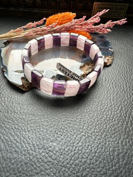 Rolex Model Ametist Ve Pembe Kuvars Dizayn Doğal Taş Bileklik