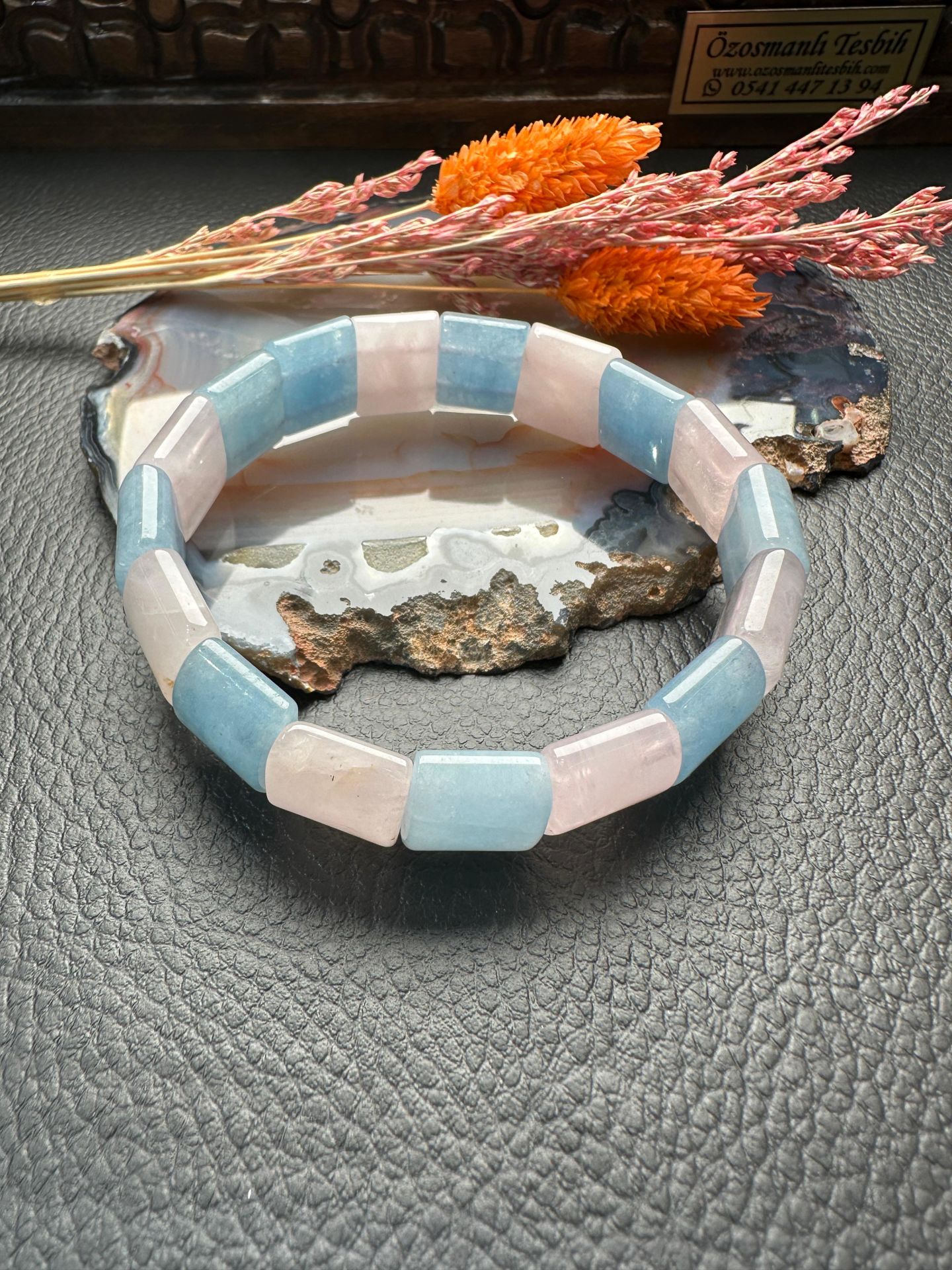 Rolex Model Aqumarin ve Pembe Kuvars Doğal Taş Bileklik