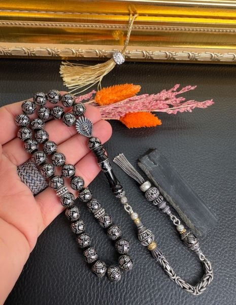 Küre Model Gümüş İşlemeli Erzurum Oltu Taşı Tesbih