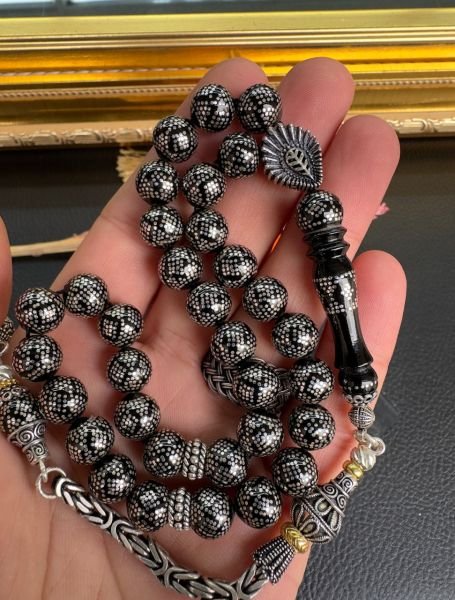 Küre Model Gümüş İşlemeli Erzurum Oltu Taşı Tesbih