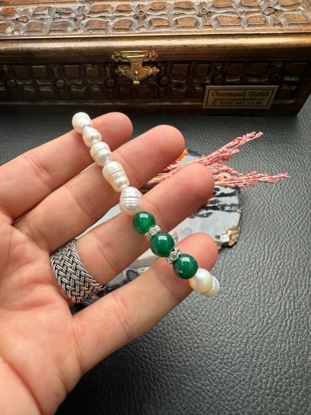 İnci ve Yeşil Akik Dizayn Doğal Taş Bileklik