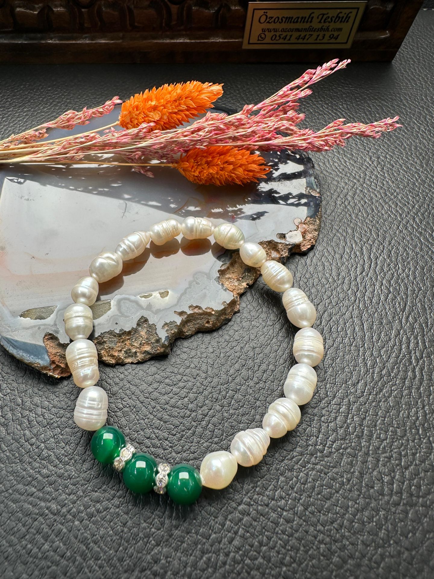 İnci ve Yeşil Akik Dizayn Doğal Taş Bileklik