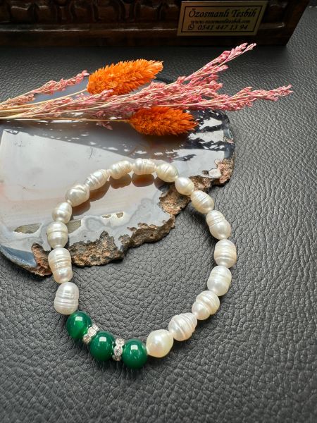 İnci ve Yeşil Akik Dizayn Doğal Taş Bileklik